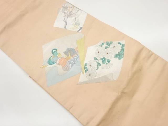 色紙に鴛鴦・菊・紅葉模様織出し名古屋帯